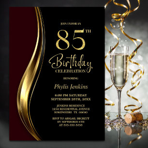 Black Gold Burgundy 85th Birthday Party Invitation