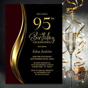 Black Gold Burgundy 95th Birthday Party Invitation