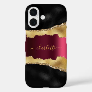 Black gold burgundy agate marble name script iPhone 16 case