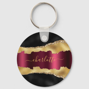 Black gold burgundy agate marble name script keychain