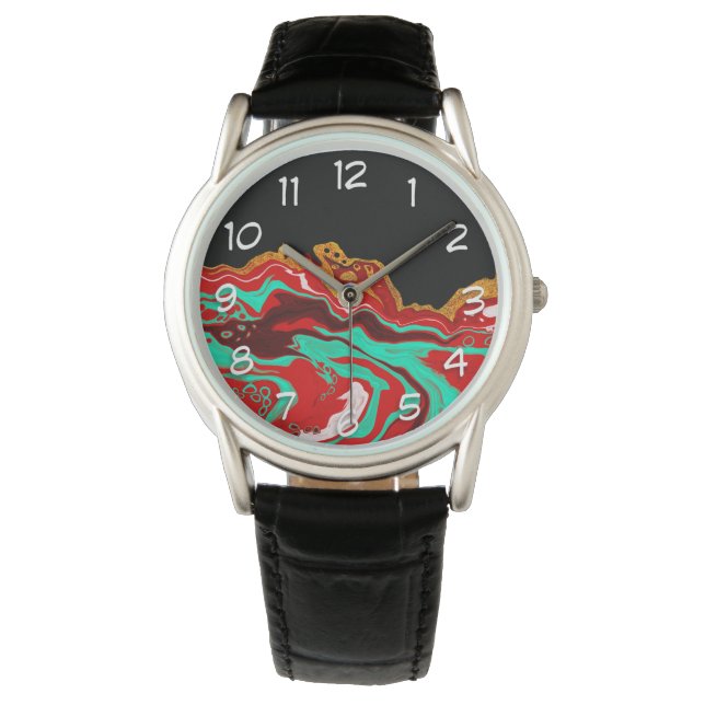Black, Gold, Burgundy, Marble Art   Watch (Front)