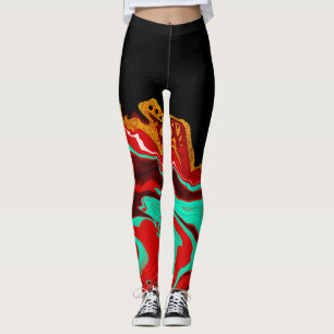Black, Gold, Burgundy, Marble Fluid Art Leggings