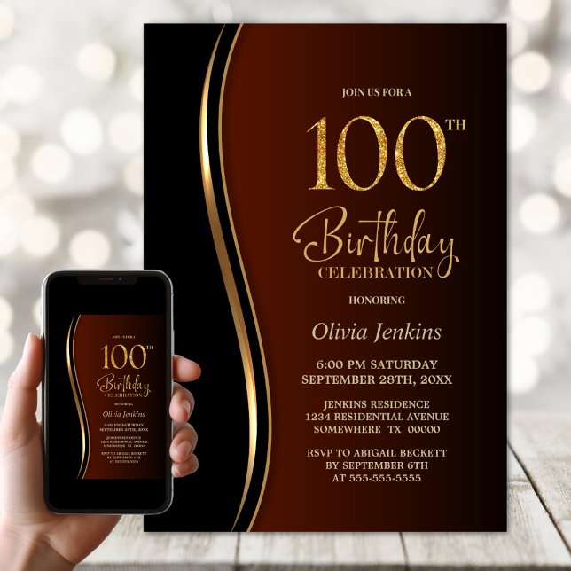 Black Gold Burnt Orange 100th Birthday Party Invitation (Creator Uploaded)