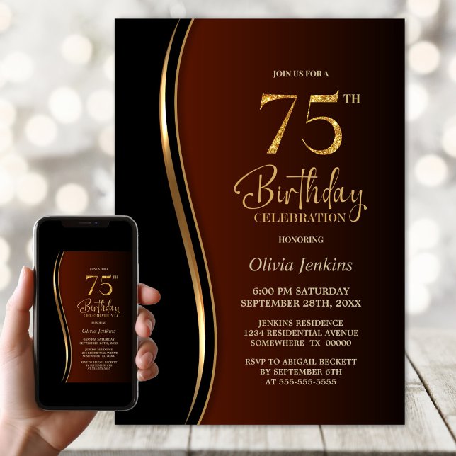 Black Gold Burnt Orange 75th Birthday Party Invitation (Creator Uploaded)