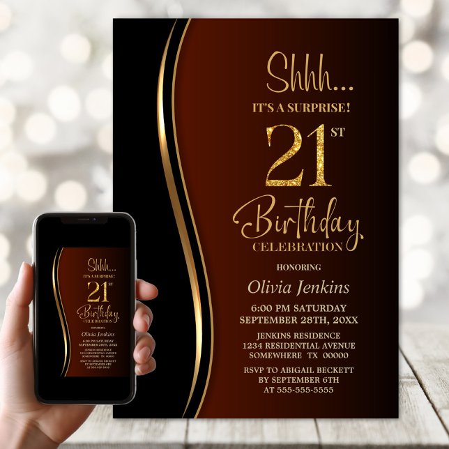 Black Gold Burnt Orange Surprise 21st Birthday Invitation (Creator Uploaded)