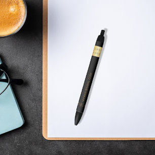 Black gold business logo name phone mail website ink pen