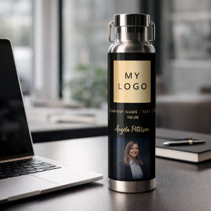 Black gold business logo name signature photo water bottle