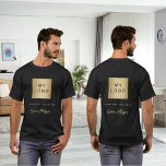 Black gold business logo name signature T-Shirt<br><div class="desc">A black background,  golden text.  Personalize and add your business logo,  a text and a name,  signature (or delete if not wanted)
Both on the front and the back.</div>