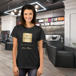 Black gold business logo name signature T-Shirt<br><div class="desc">A black background,  golden text.  Personalize and add your business logo,  a text and a name,  signature (or delete if not wanted)</div>