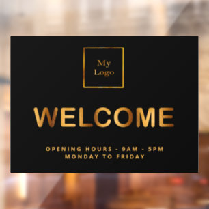 Black gold business logo opening hours welcome window cling