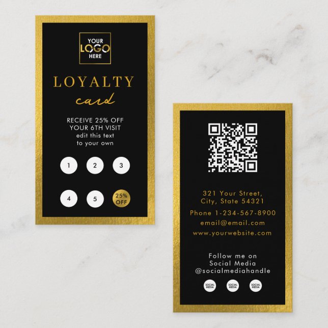 Black Gold Business Logo QR Code Loyalty  Business Card (Front/Back)