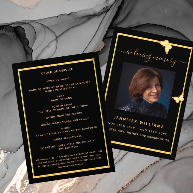 Black gold butterflies photo funeral program (Creator Uploaded)
