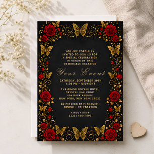 Black Gold Butterfly Floral Celebration Invitation