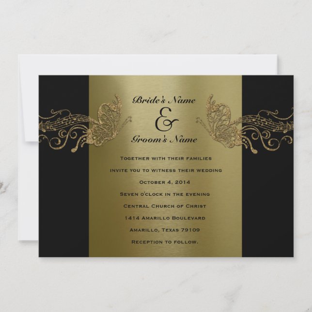 Black Gold Butterfly Music Wedding Invitations (Front)