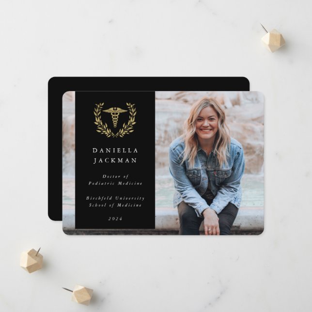 Black/Gold Caduceus Medical School Photo Announcement (Front/Back In Situ)