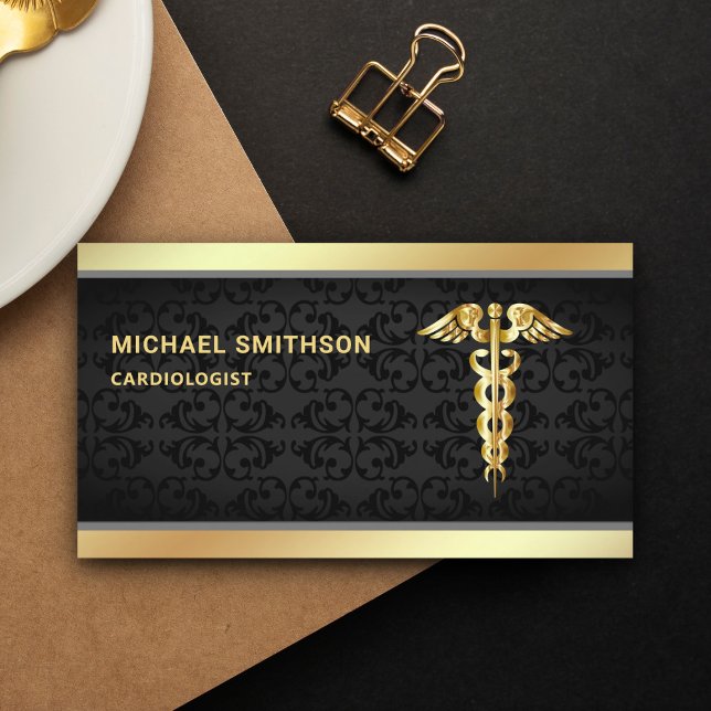 Black Gold Caduceus Symbol Medical Professional Business Card (Creator Uploaded)