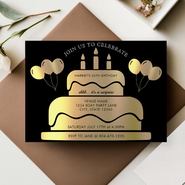 Black & Gold Cake Balloons 65th Birthday Invitation (Black & Gold Cake Balloons 65th Birthday Invitation)