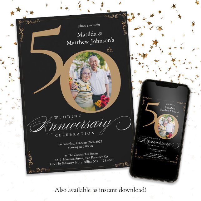 Black Gold Calligraphy 50th Wedding Anniversary Invitation (Black Gold Calligraphy 50th Wedding Anniversary Invitation)