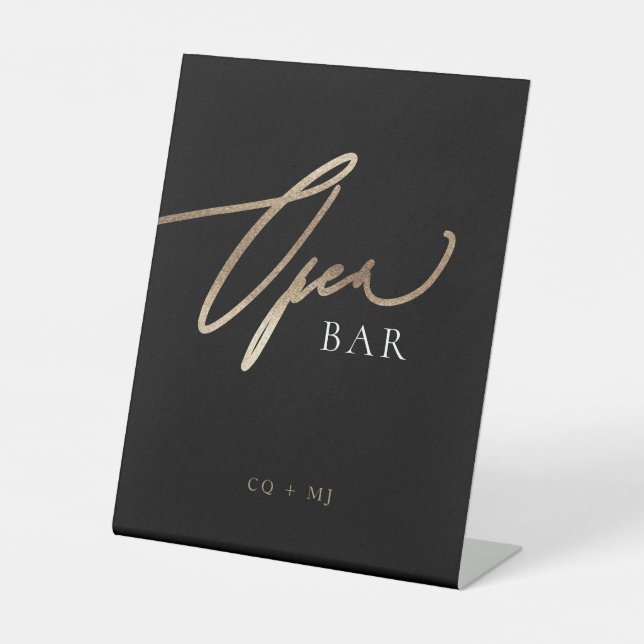 Black Gold Calligraphy Wedding Open Bar Pedestal Sign (Front)