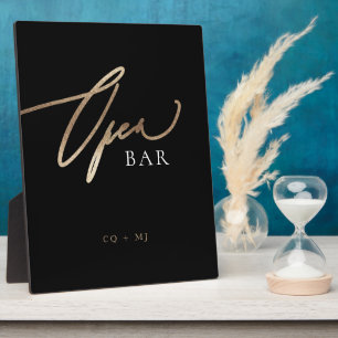 Black Gold Calligraphy Wedding OPEN Bar Sign Plaque