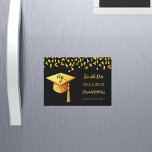 Black gold cap Graduation Party Save the Date card<br><div class="desc">A magnetic Save the date card for a graduation party. 
On front: A black background,  golden text. Templates for a name and date.  The name and the text: Save the Date are written with a modern hand lettered style script.  With a faux gold cap,  tassel topper.</div>