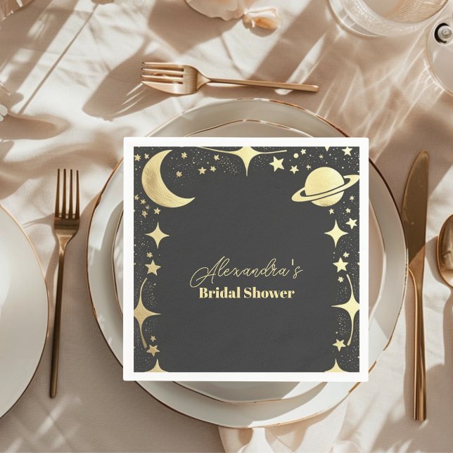 Black Gold Celestial Crescent Moon Bridal Shower Napkin (Creator Uploaded)