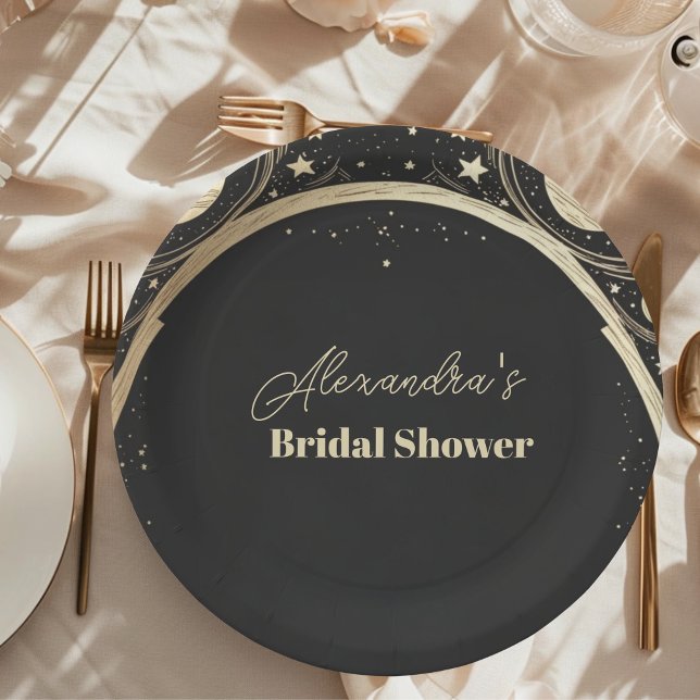 Black Gold Celestial Crescent Moon Bridal Shower Paper Plate (Creator Uploaded)
