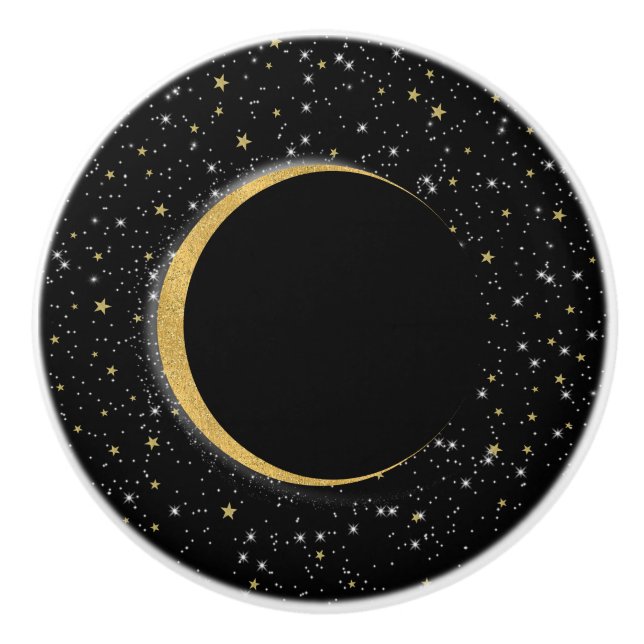 Black & Gold Celestial Moon Magic Lunar Stars Ceramic Knob (Front)