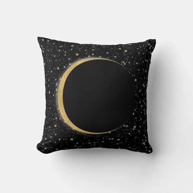 Black & Gold Celestial Moon Magic Lunar Stars Throw Pillow (Front)