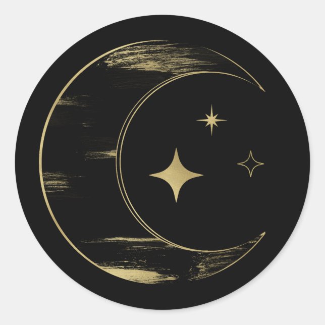 Black & Gold Celestial Moon Stars Wedding Classic Round Sticker (Front)