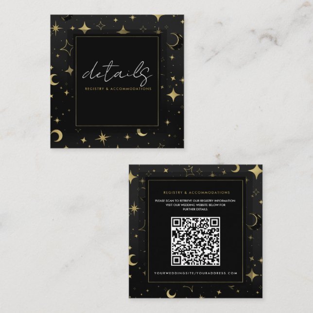Black & Gold Celestial Moon Stars Wedding Details Square Business Card (Front/Back)