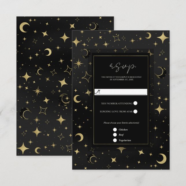 Black & Gold Celestial Moon Stars Wedding RSVP (Front/Back)