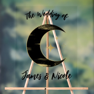 Black & Gold Celestial Moon Stars Wedding Welcome Acrylic Sign