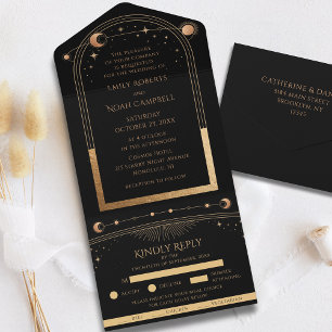 Black Gold Celestial Sun Moon Stars Wedding All In One Invitation