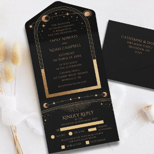 Black Gold Celestial Sun Moon Stars Wedding All In One Invitation