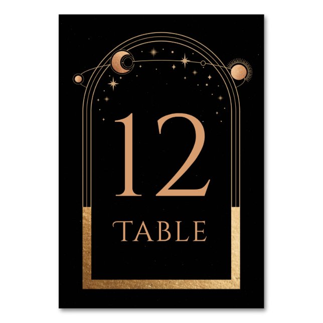Black Gold Celestial Sun Moon Wedding Table Number (Front)