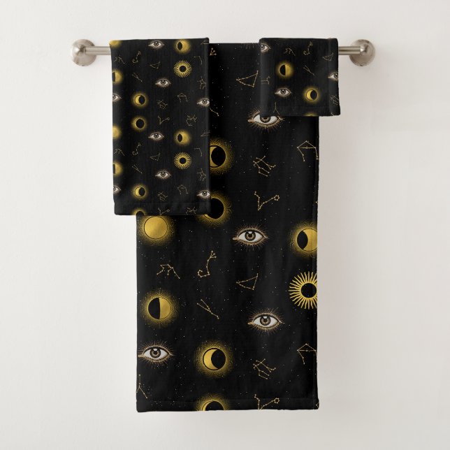 Black Gold Celestial Sun & Moon Zodiac Eye Bath Towel Set (Insitu)