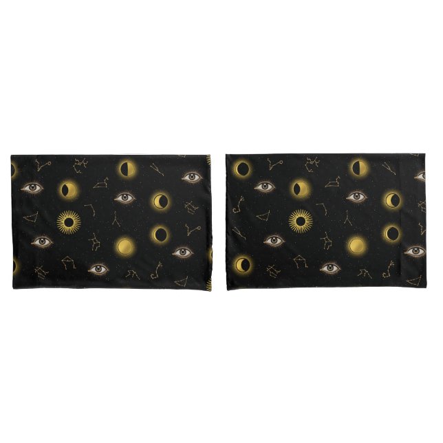 Black Gold Celestial Sun & Moon Zodiac Eye Pillowcase (Front-Set)