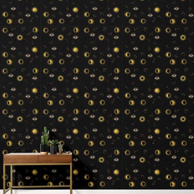 Black Gold Celestial Sun & Moon Zodiac Eye Wallpaper (Hallway)