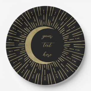 Black & Gold Celestial Sunburst Moon Wedding Paper Plate