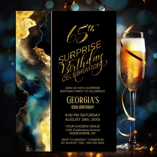 Black Gold Celestial Surprise 65th Birthday Party Invitation (Creator Uploaded)