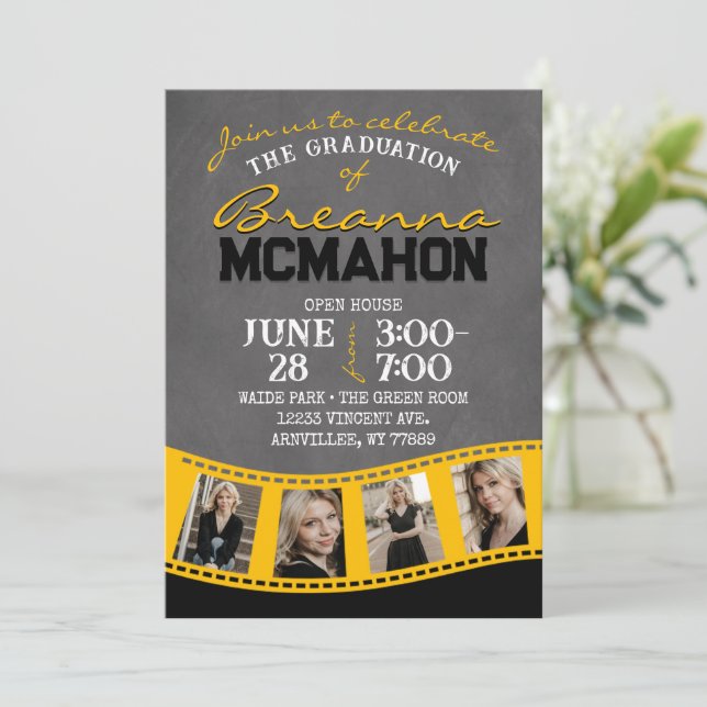 Black & Gold Chalkboard Filmstrip Graduation Invitation (Standing Front)