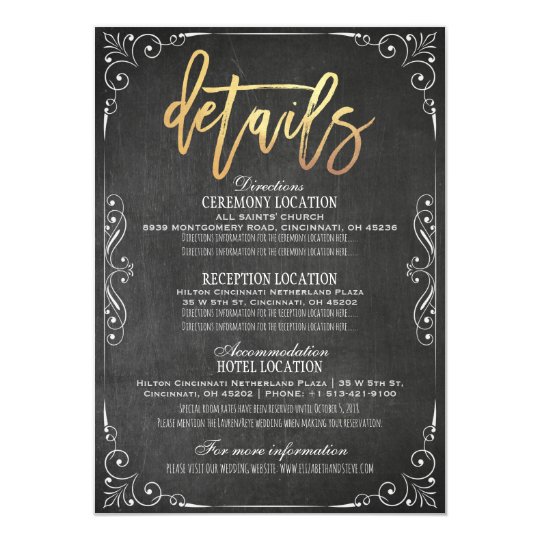 Black Gold Chalkboard Wedding Details Information Card
