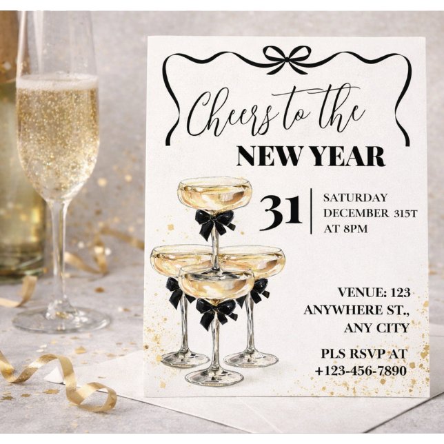 Black Gold Champagne Cheers New Years Eve Party Invitation (Creator Uploaded)