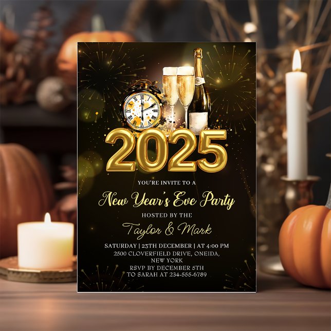 Black Gold Champagne Cheers New Years Eve Party  Invitation (Creator Uploaded)