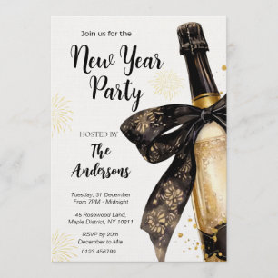 Black Gold Champagne Cheers New Years Eve Party Invitation