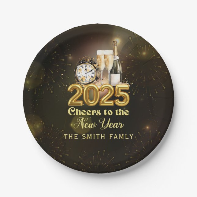 Black Gold Champagne Cheers New Years Eve Party Paper Plate (Front)