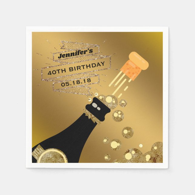 Black Gold Champagne Elegant Birthday Party Paper Napkin (Front)
