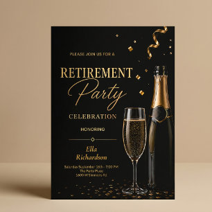 Black & Gold Champagne Elegant Retirement Party Invitation