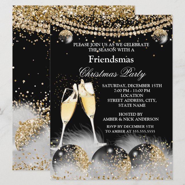 Black Gold Champagne Friendsmas Christmas Party Invitation (Front/Back)